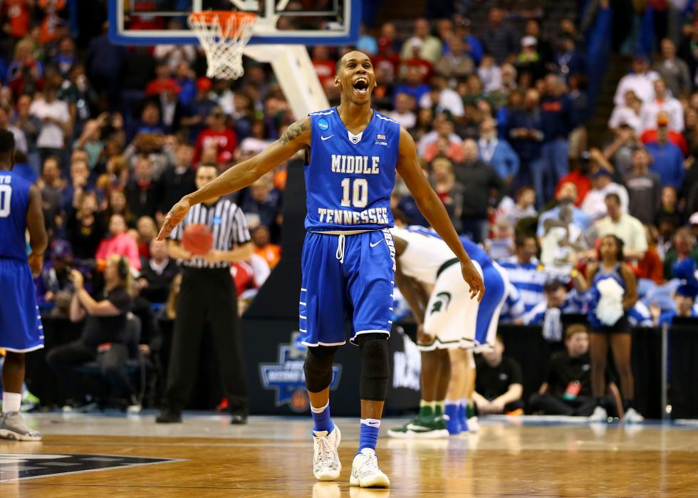 Jaqawn Raymond of the Middle Tennessee Blue Raiders celebrates in the game against the Michigan State Spartans.