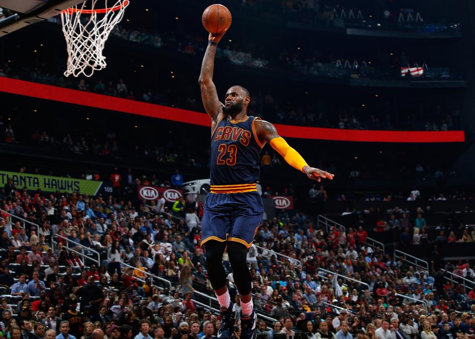 LeBron James of the Cleveland Cavaliers in air before a dunk