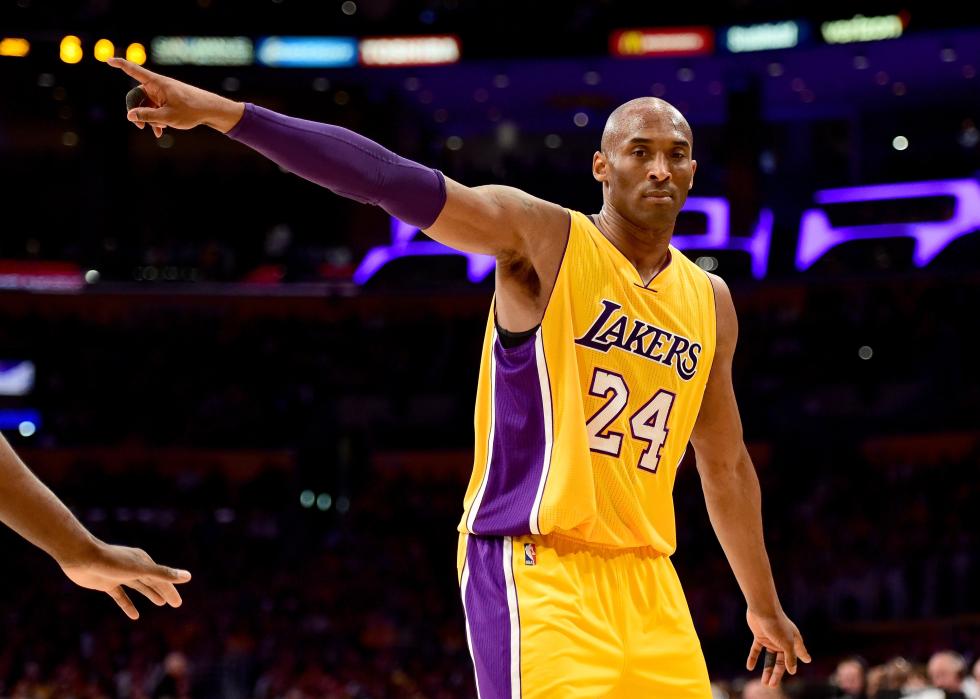 Kobe Bryant of the Los Angeles Lakers reacts during a game