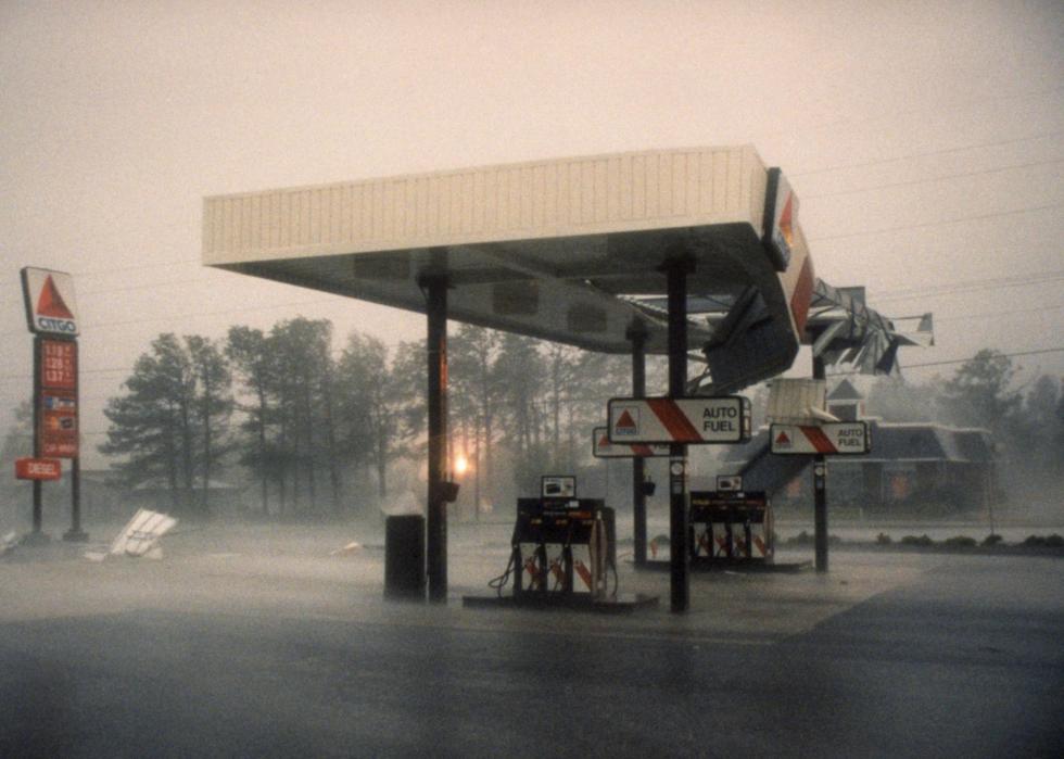 Extreme winds hit an empty gas station.