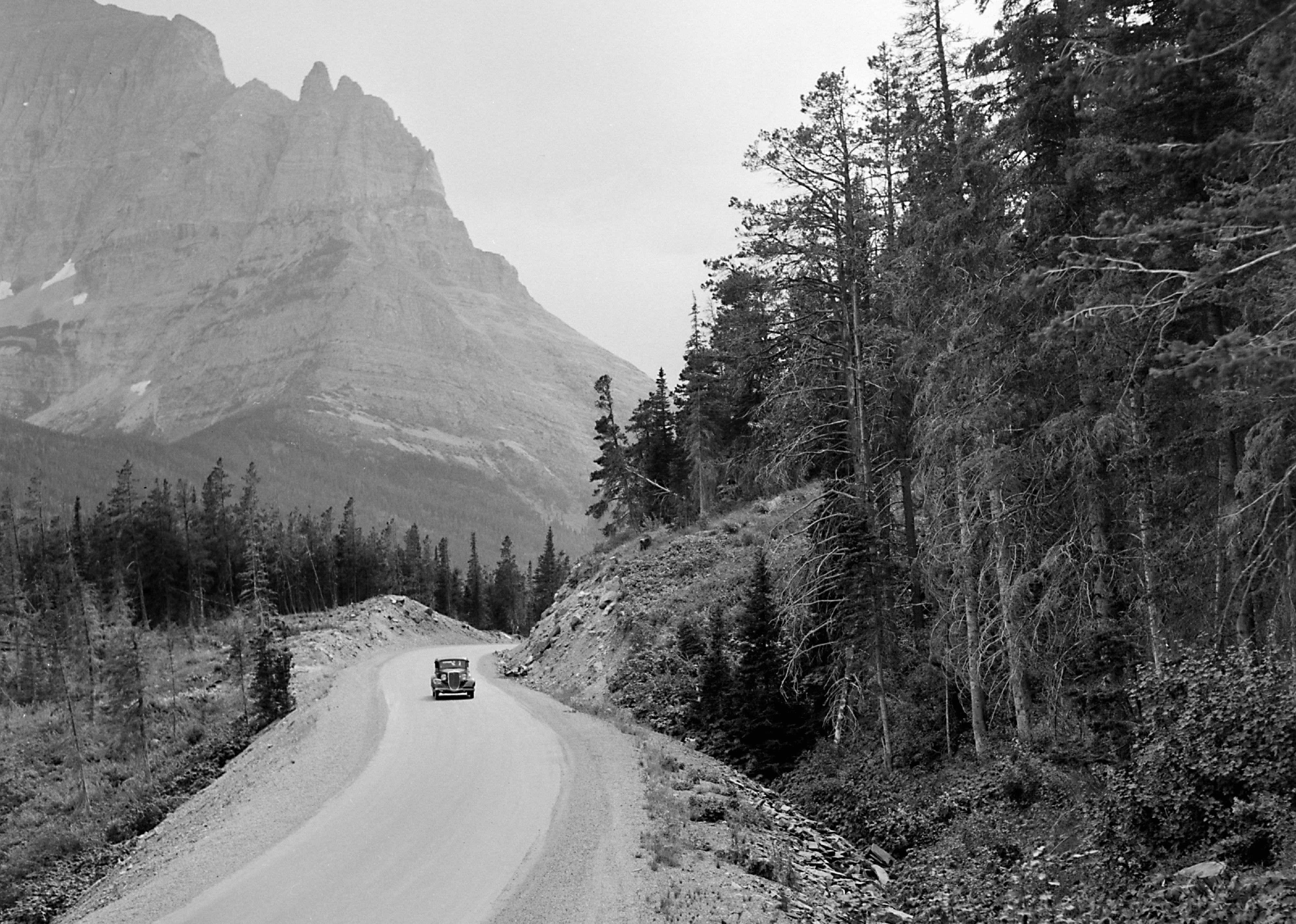 Touring car on a road in Yellowstone National Park, circa 1927.