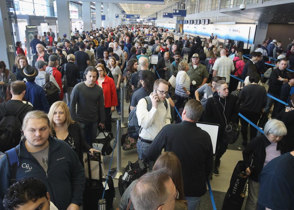 Passengers at O'Hare International Airport wait in line at a TSA checkpointpoint