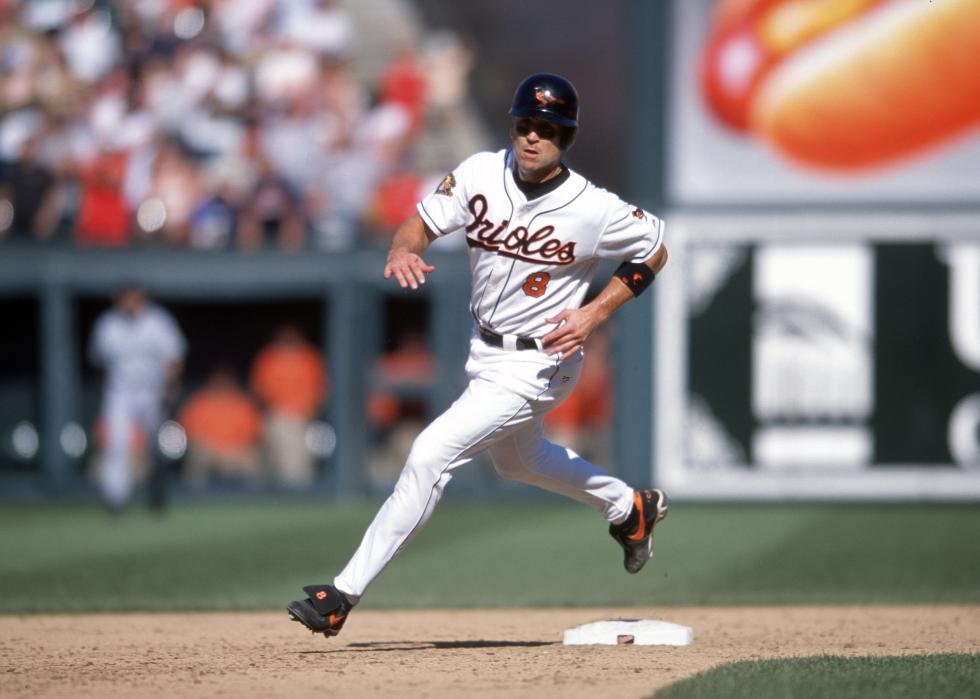 Cal Ripken Jr. #8 of the Baltimore Orioles runs the bases.