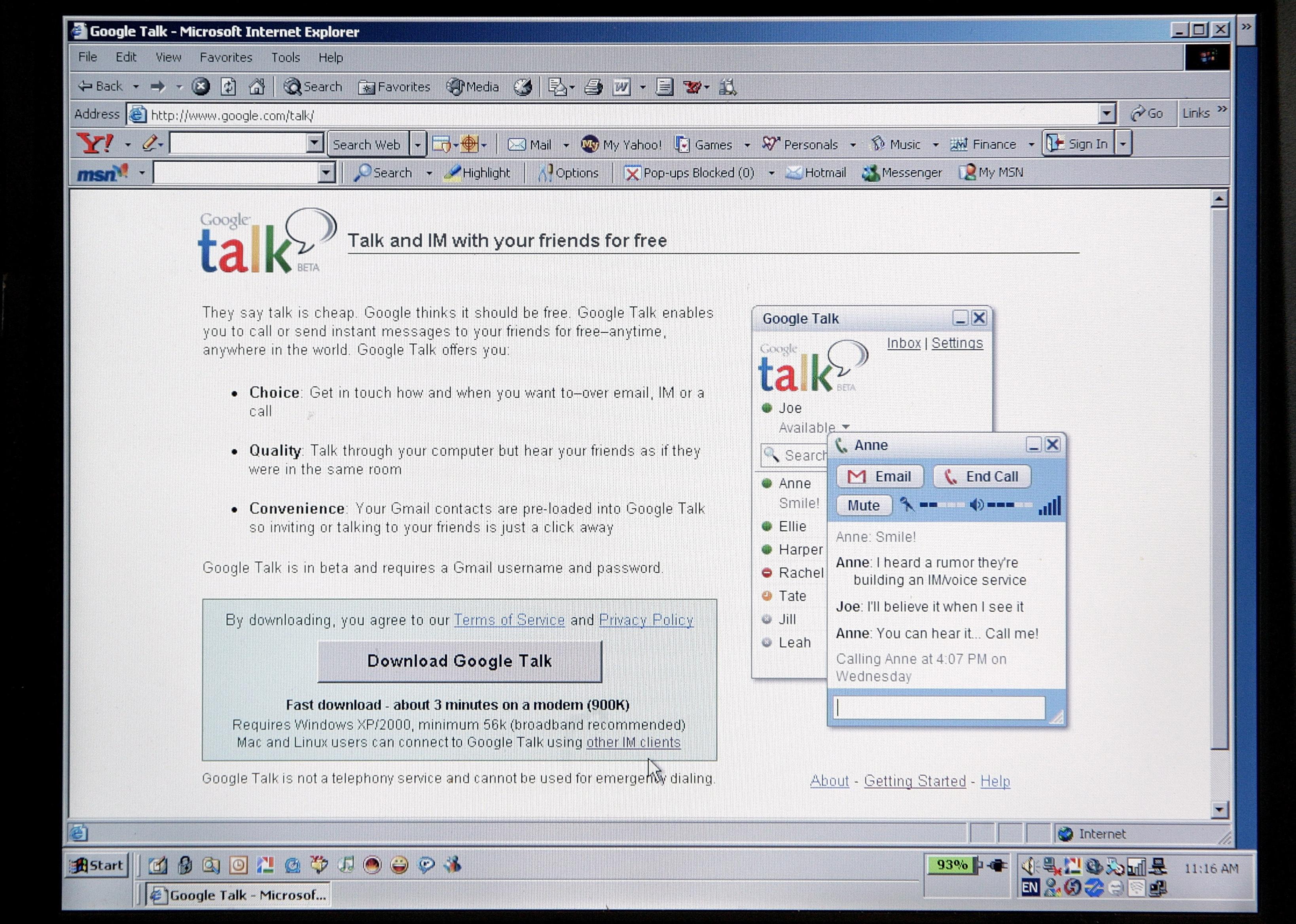 Computer screen showing launch of Google Talk