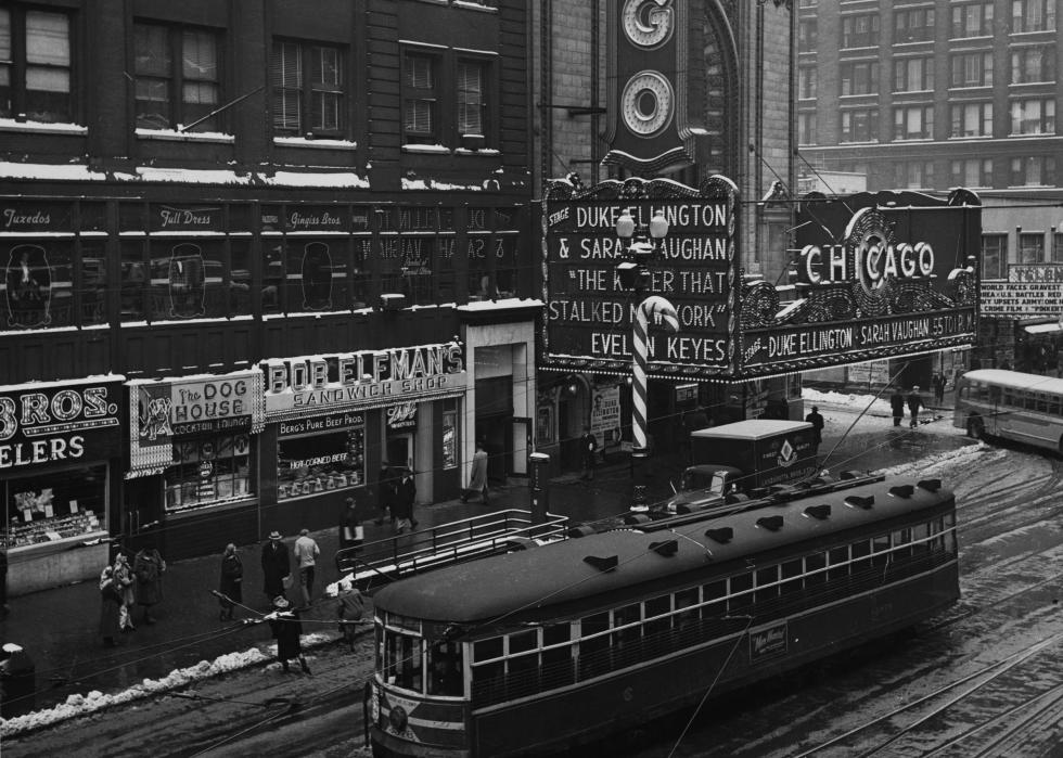 View of the Chicago Theatre from State and Lake L station