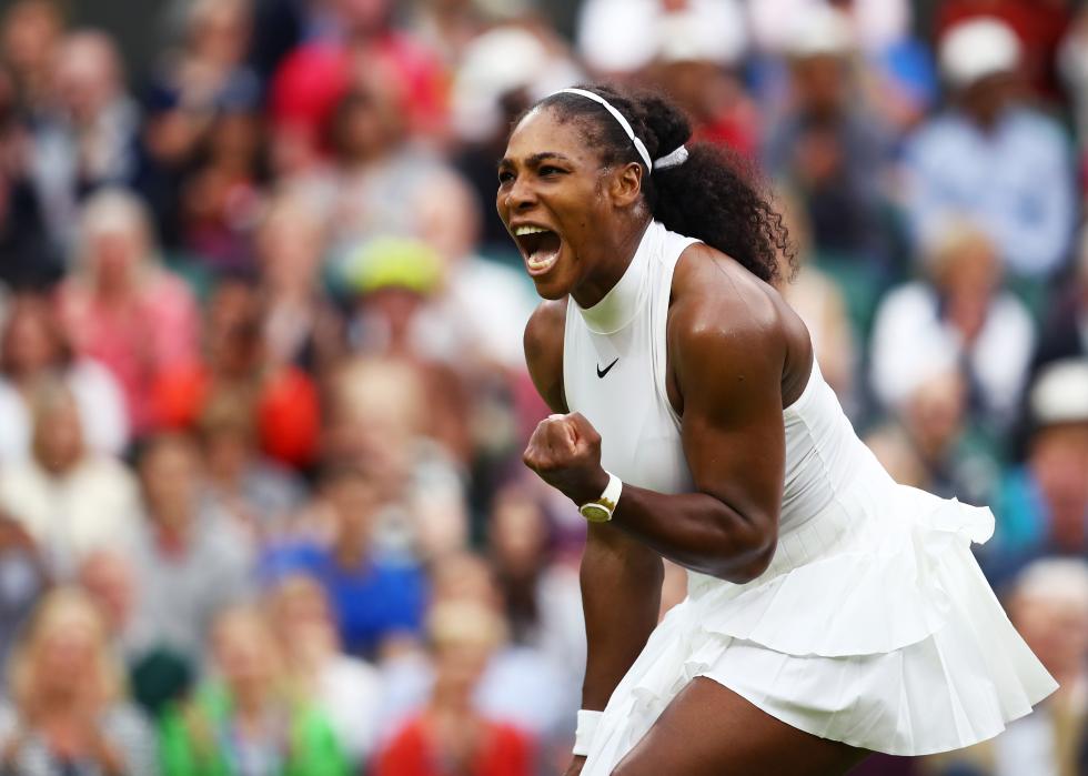 Serena Williams celebrates victory during the Wimbledon Lawn Tennis Championships