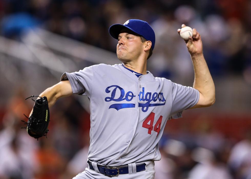 Rich Hill of the Dodgers pitches during a game