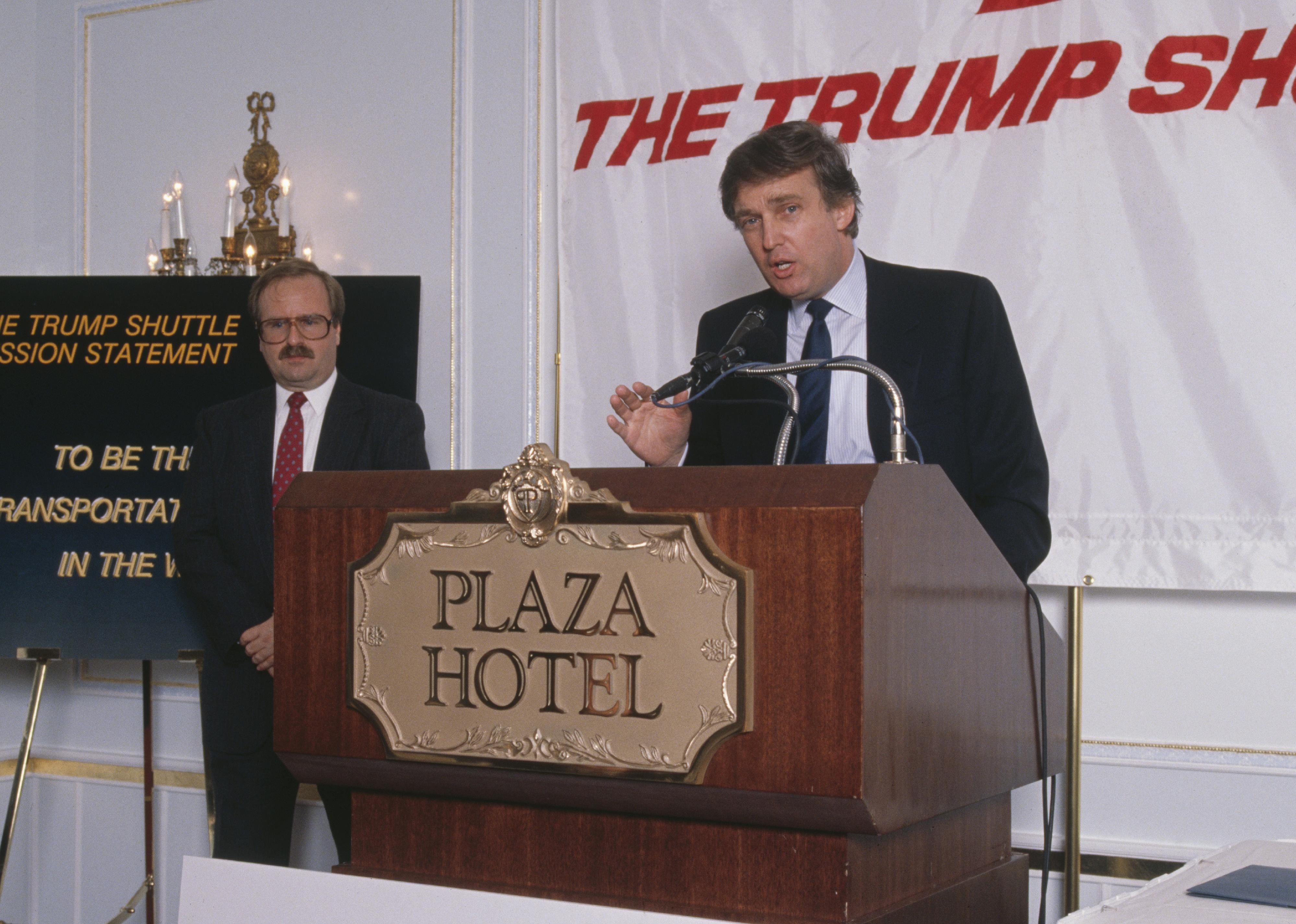 Donald Trump at a press conference at the Plaza Hotel in New York City.