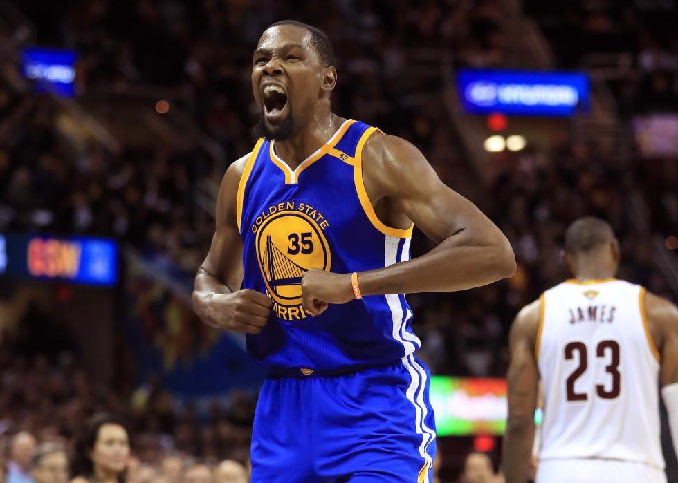 Kevin Durant of the Golden State Warriors reacts during a game
