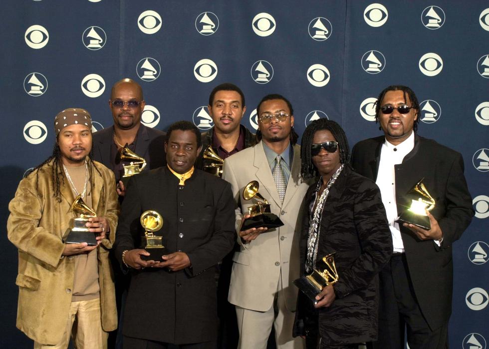 The Baha Men pose with their awards backstage at the 43rd annual Grammy Awards.