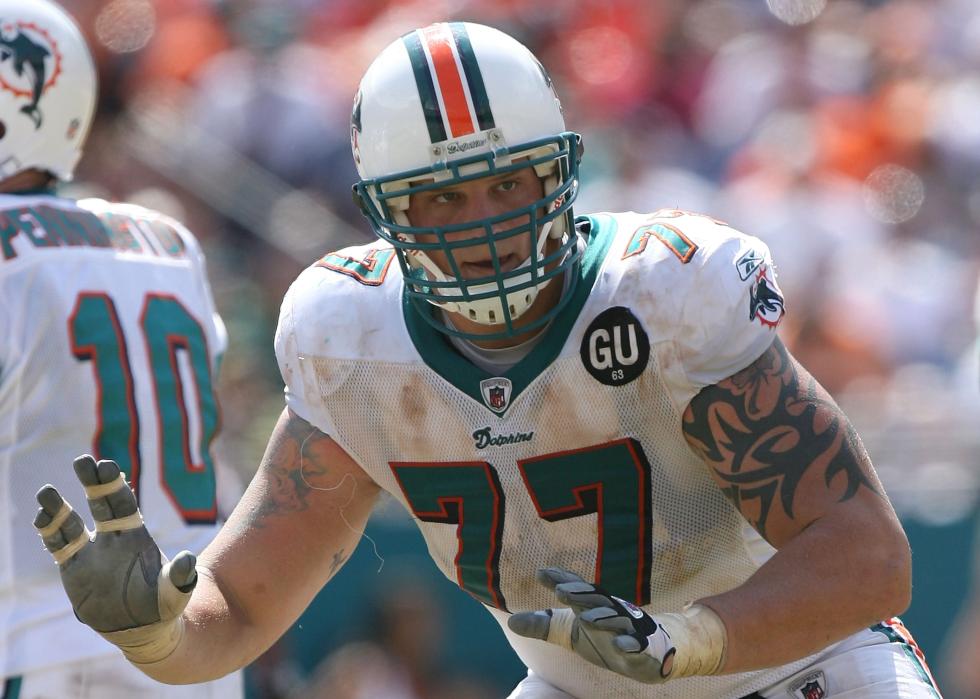 Jake Long of the Miami Dolphins pass blocks against the New York Jets at Dolphin Stadium