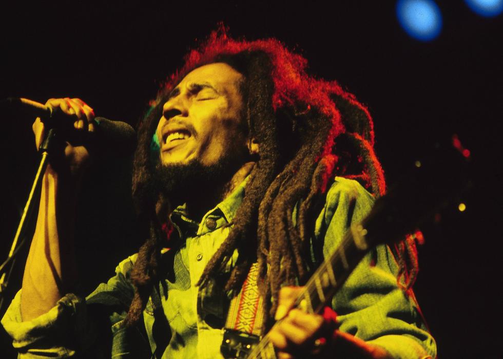 Bob Marley performing live on stage at the Brighton Leisure Centre.