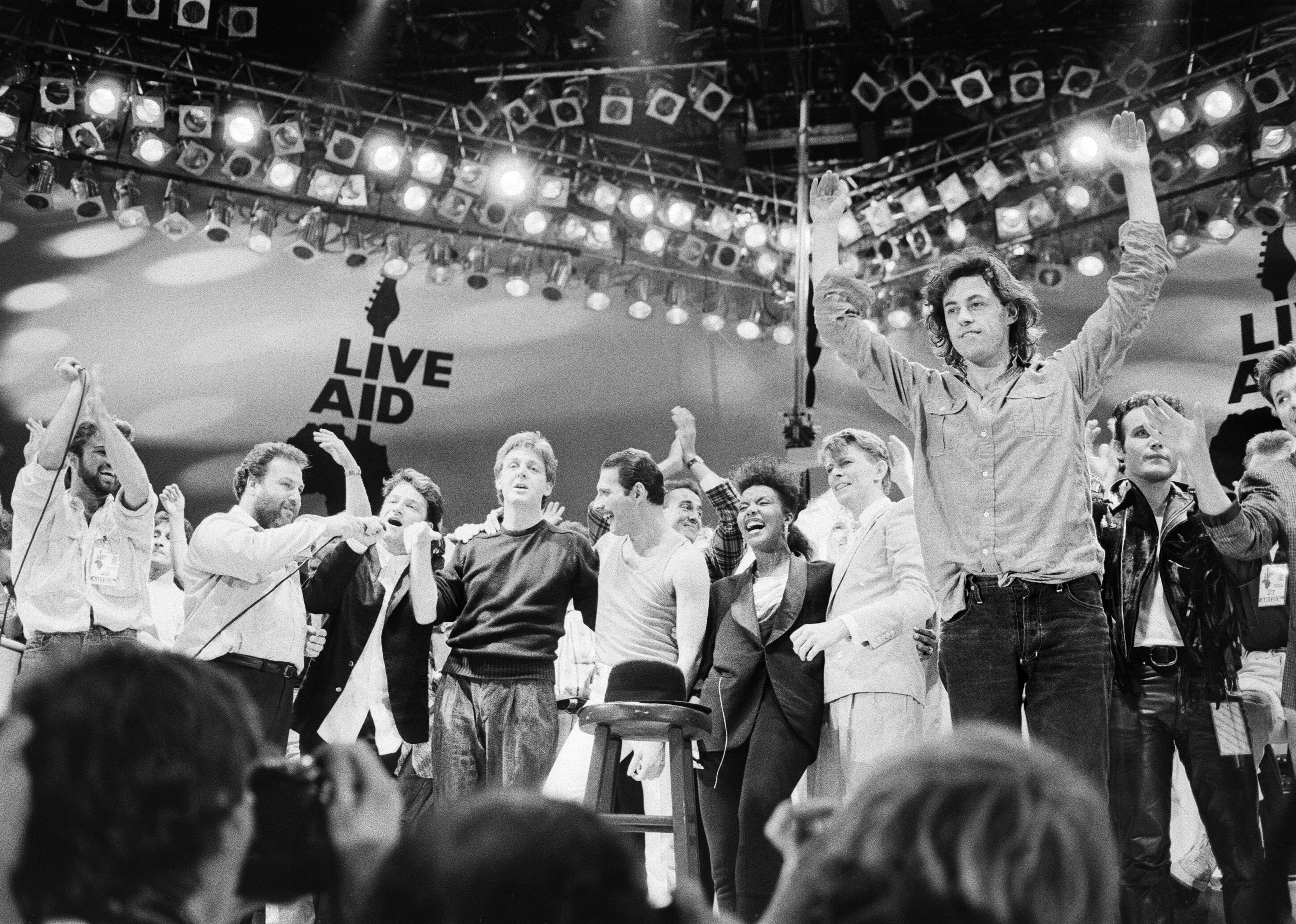 Live Aid performers on stage for the grand finale of the concert at Wembley.