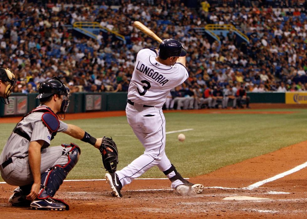 Evan Longoria #3 of the Tampa Bay Rays fouls off a pitch against the Minnesota Twins.