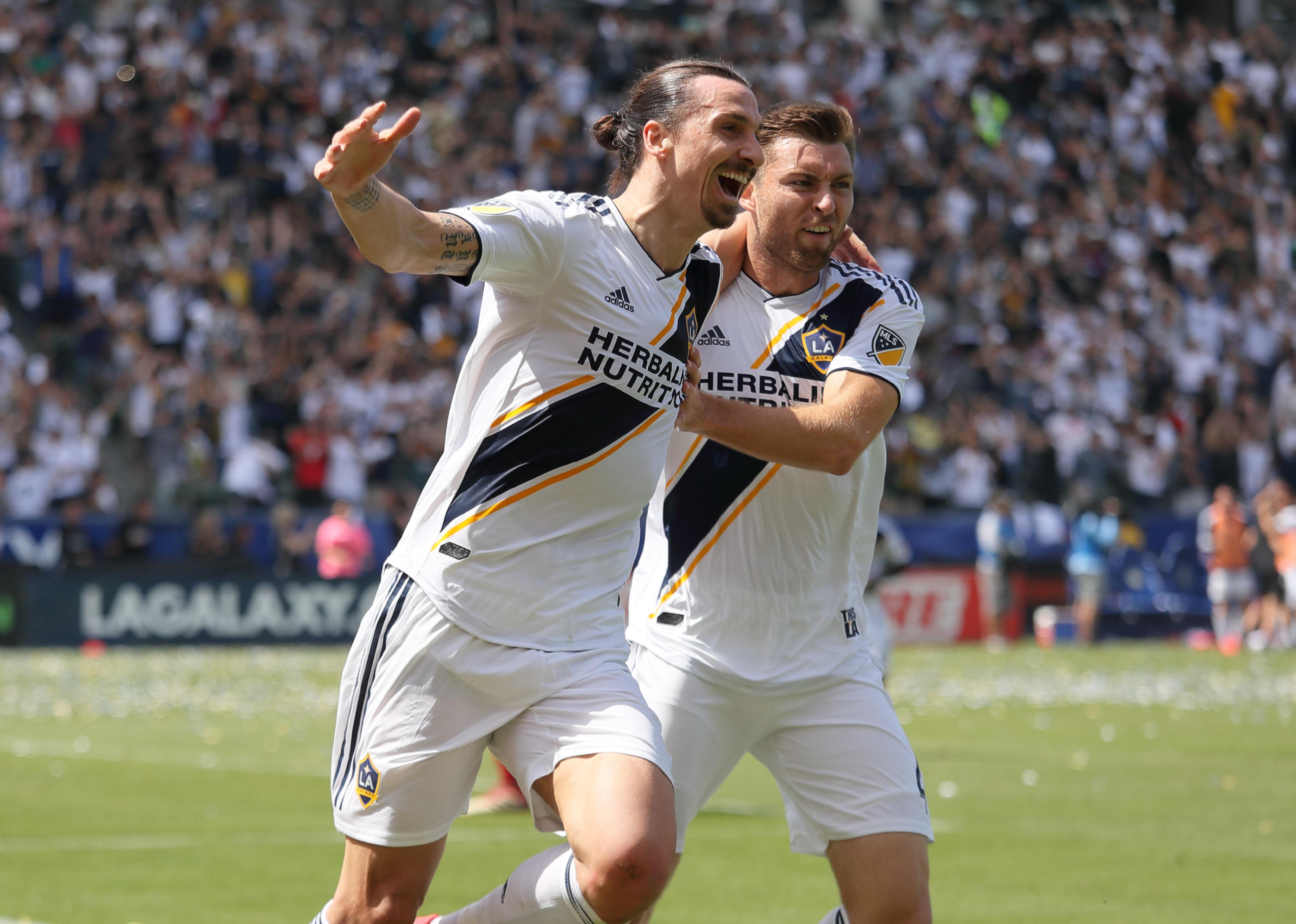 Zlatan Ibrahimovic of Los Angeles Galaxy celebrates after scoring a goal.