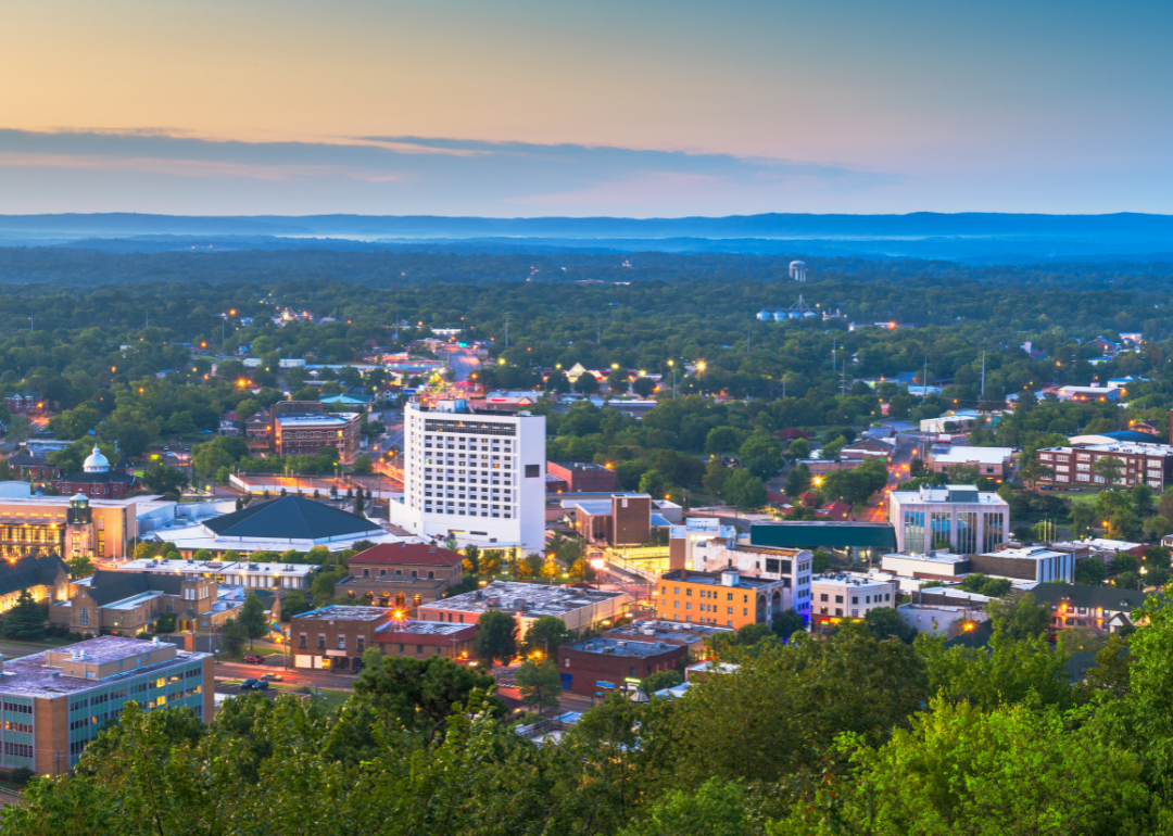 Aerial view of downtown Hot Springs in evening.