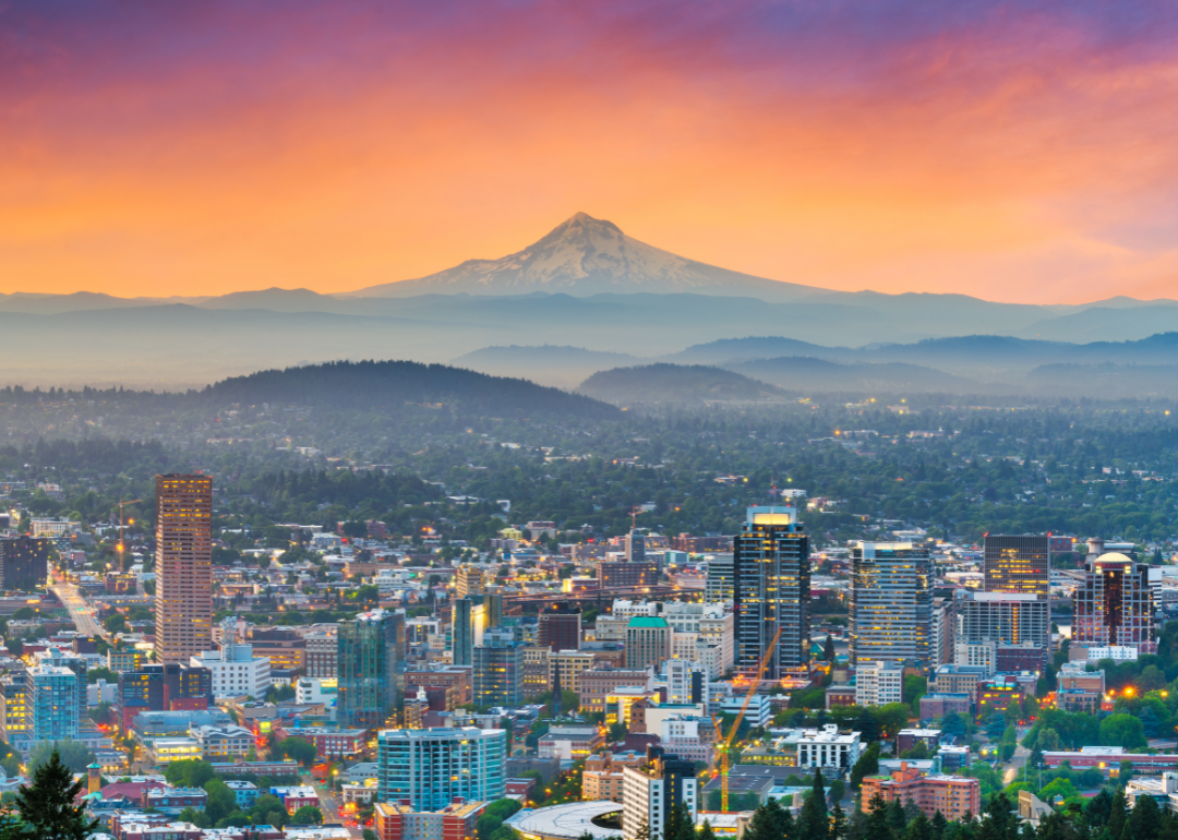 Aerial view of downtown Portland at sunset.