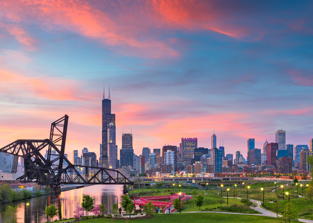 Downtown Chicago skyline at sunset.