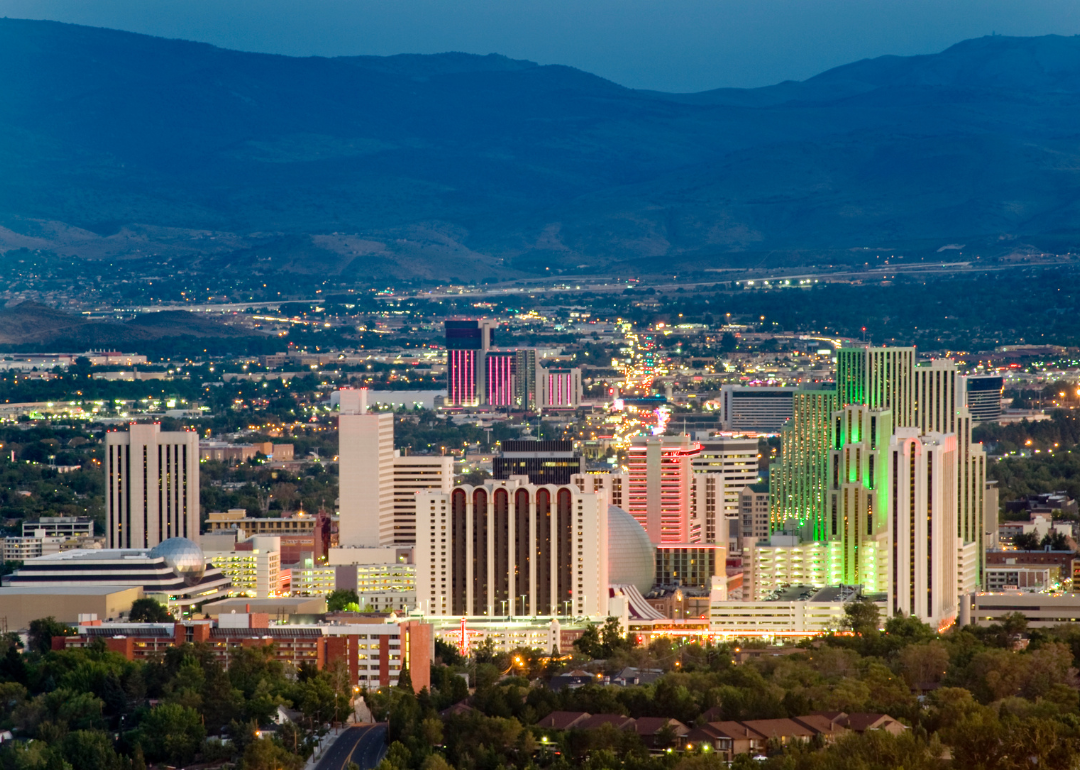 Aerial view of neon lights in Reno at night.