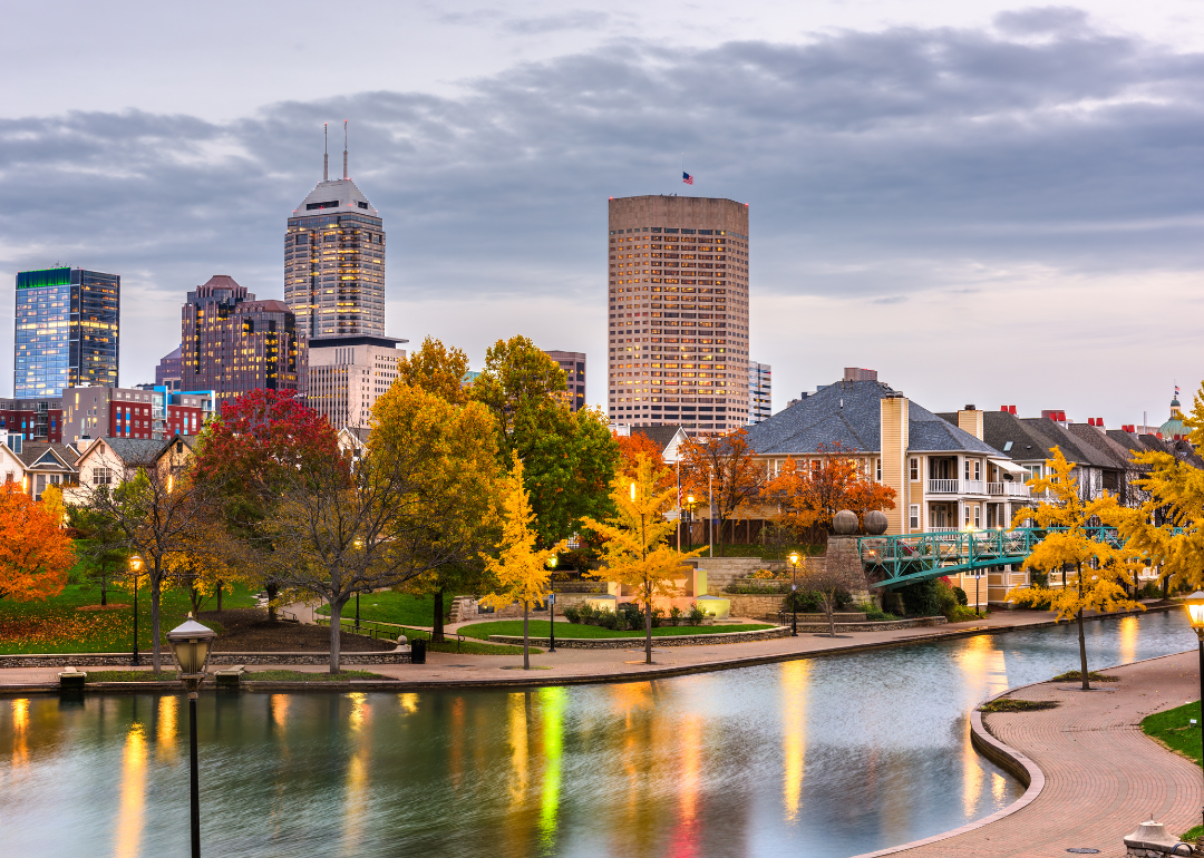 Indianapolis, Indiana cityscape and condos by the water.