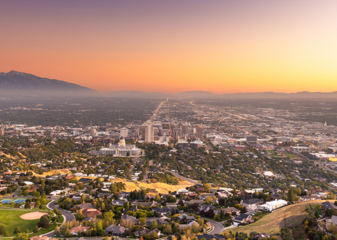 The sprawling Salt Lake City, Utah at sunset.
