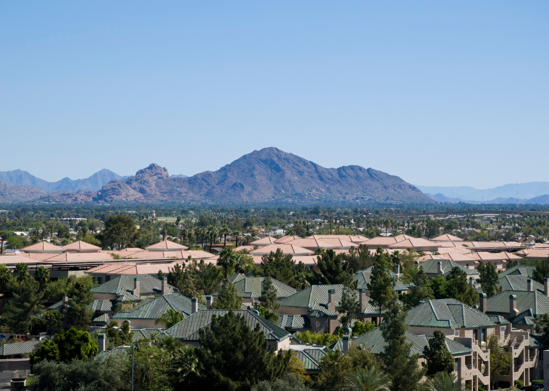Camelback Mountain with Phoenix, Arizona homes in the forefront.