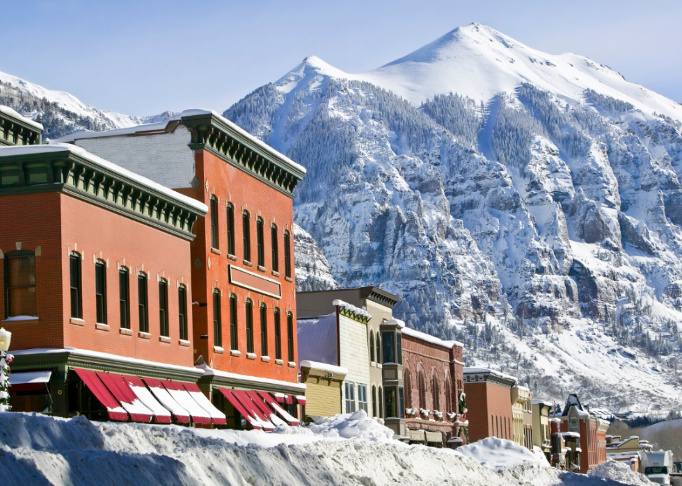 Buildings in Telluride, Colorado with snow all around and mountains in the background.