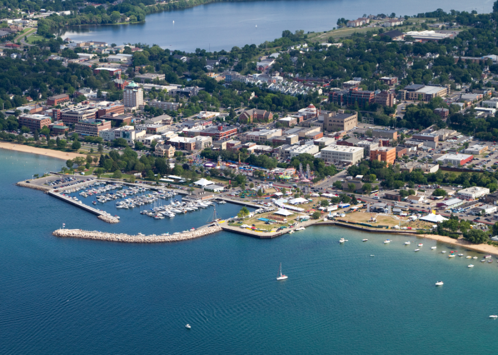 Aerial view of buildings and water in Traverse City, Michigan.