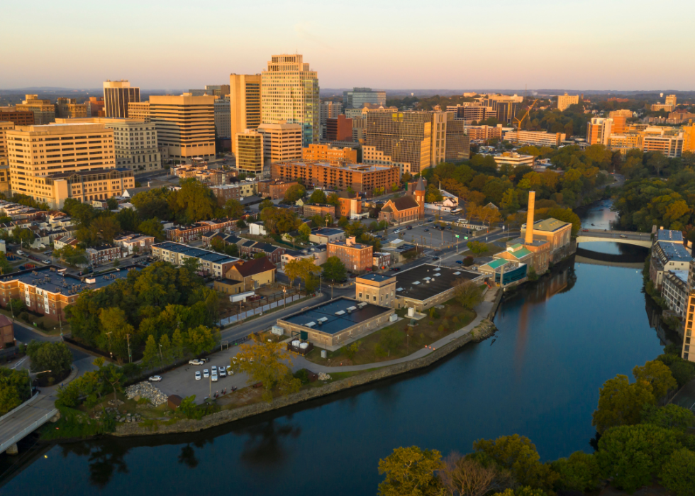 Aerial view of water and buildings in Wilmington, Delaware.