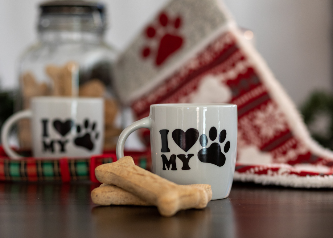 An I love my pets mug and some dog treats with holiday decor.