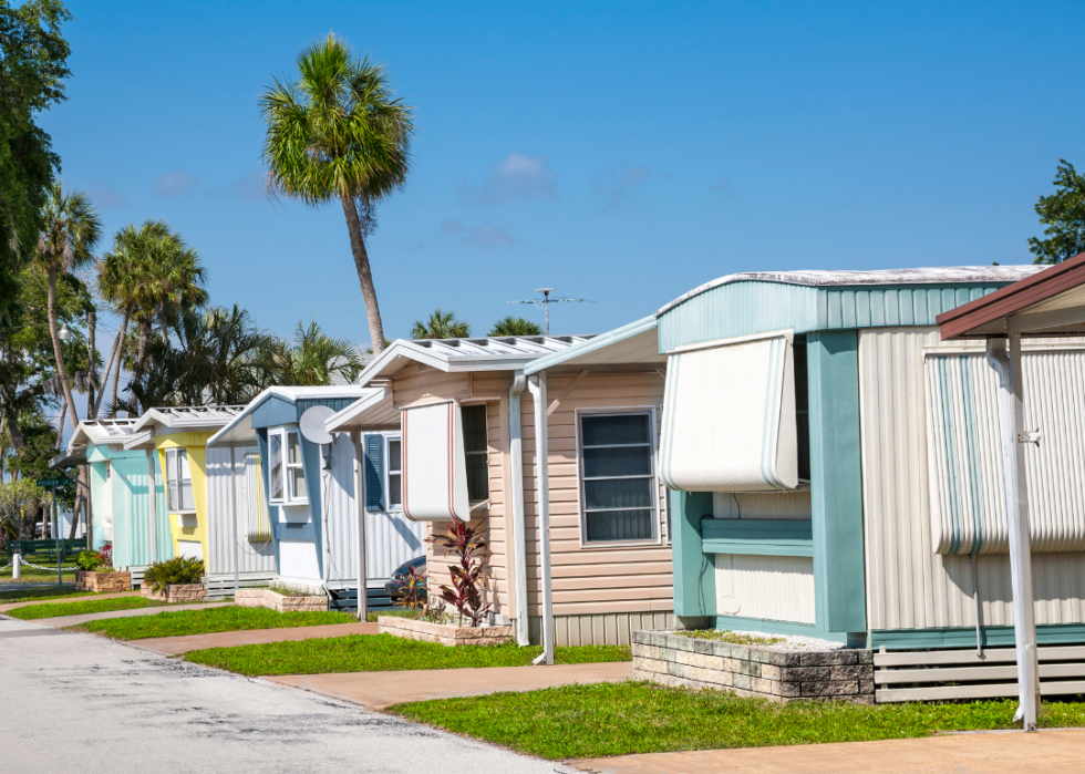 Row of pastel mobile homes lined with palm trees.
