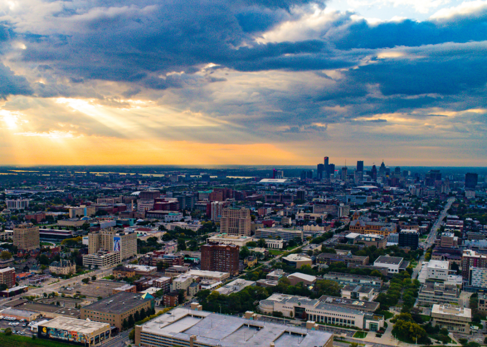 Detroit, Michigan skyline at sunrise.
