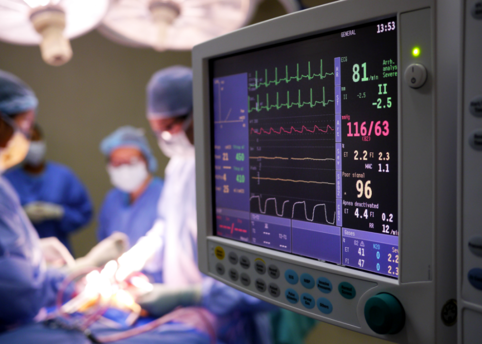 Heart monitor and doctors performing surgery.