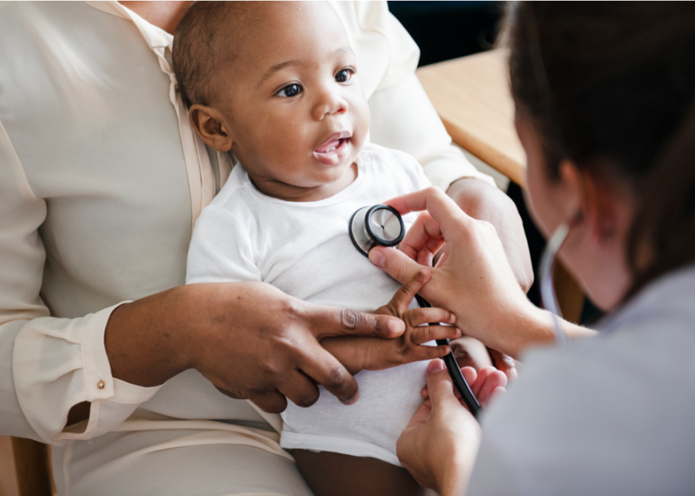 Doctor listening to a baby's heart.