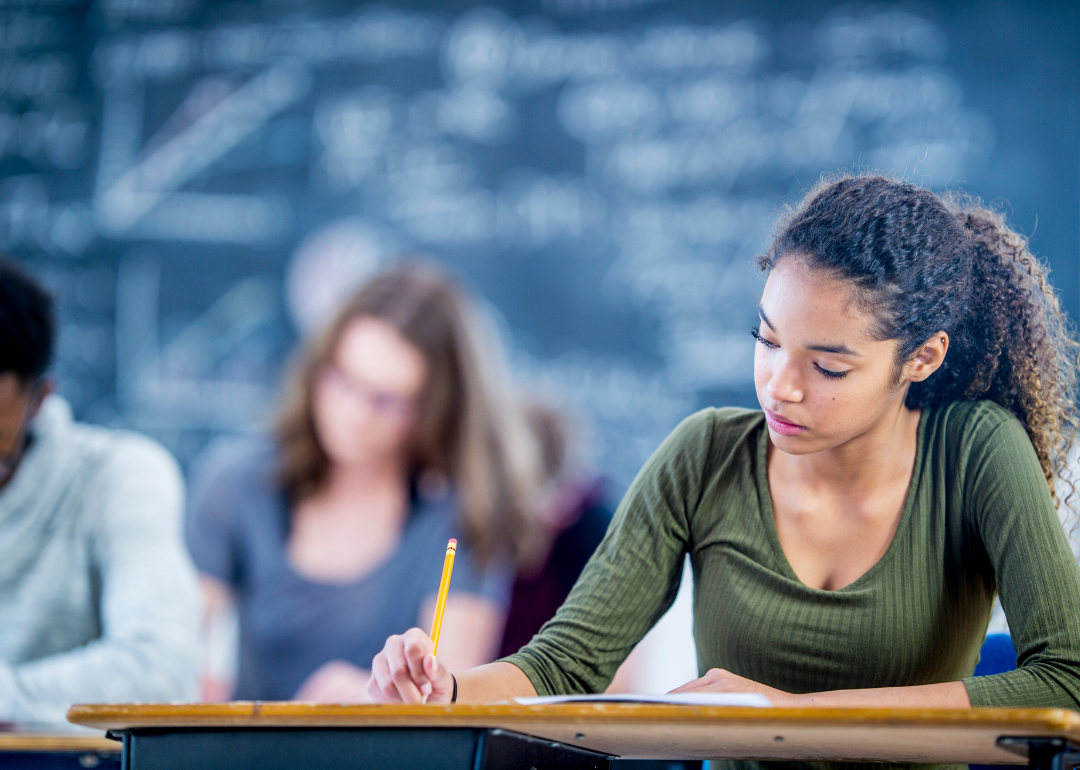 A classroom of high school students working at desks.