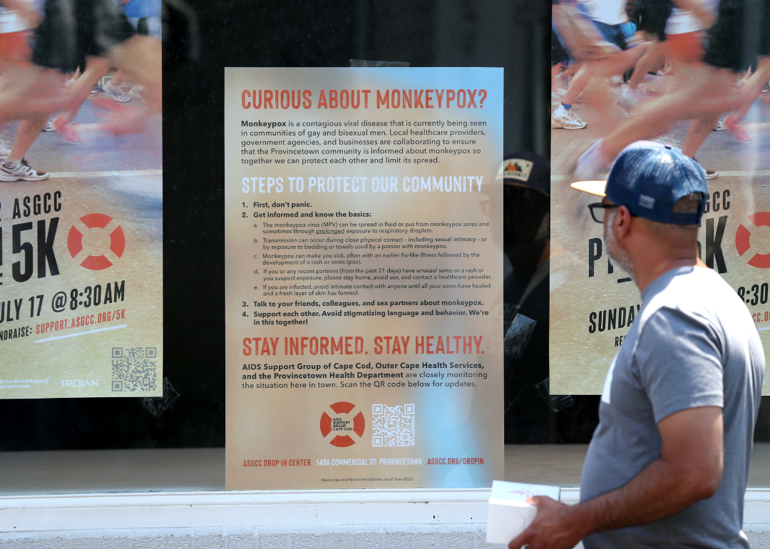 A man reading an info sign about Monkeypox.