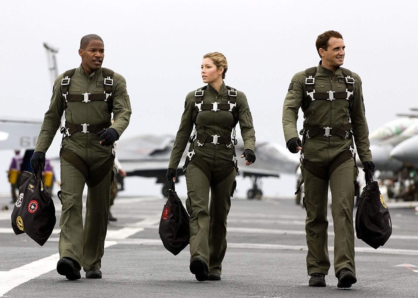Jamie Foxx and Jessica Biel wearing fighter pilot gear