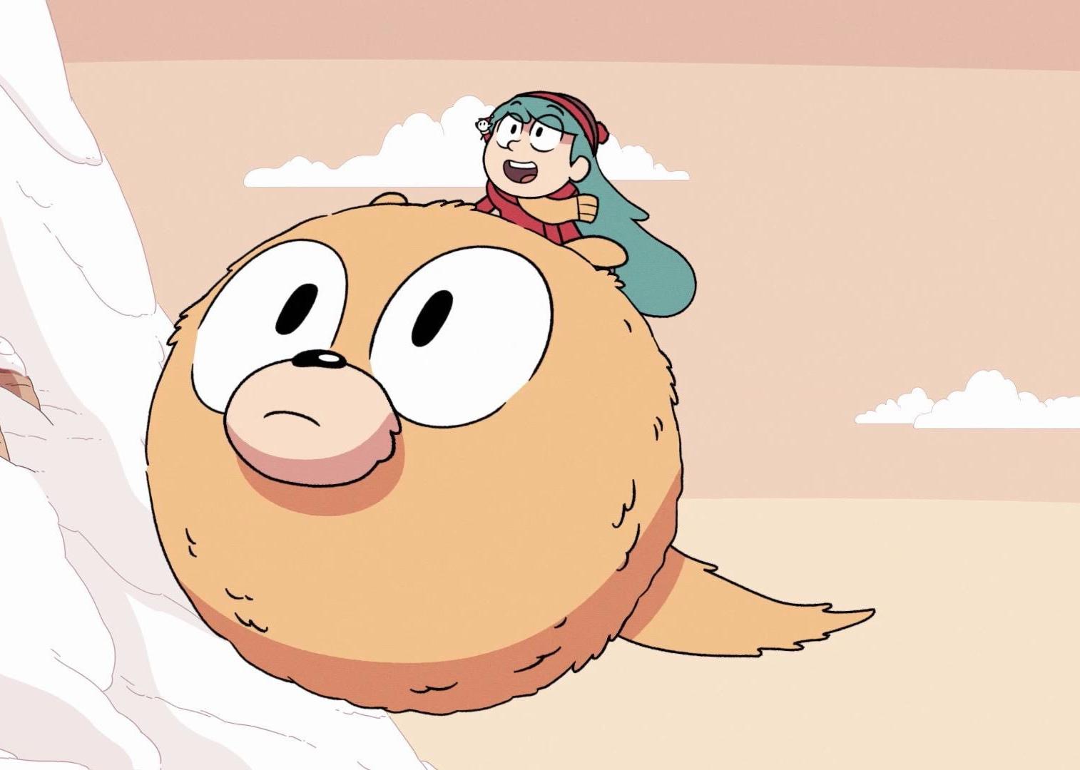 A cartoon of a girl flying on the back of a furry ball character.