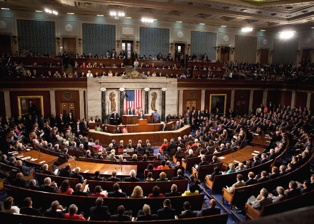 A high-up view of Congress in session. 