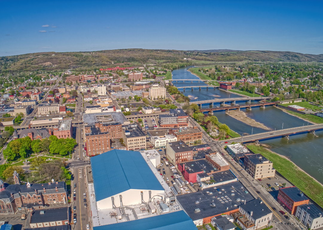 Aerial view of historic buildings and homes in Elmira, NY.