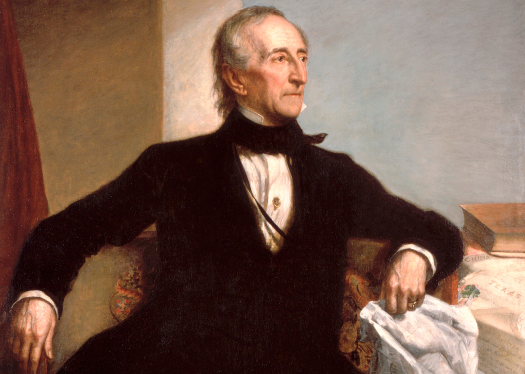 A painting of John Tyler in a black suit.