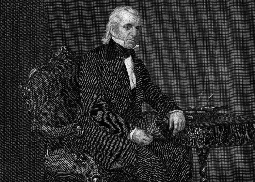 An etching of James K. Polk in a suit sitting at a desk.