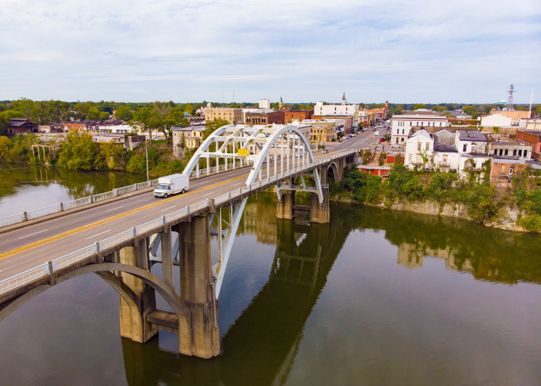 An aerial view of a bridge going over to Selma.