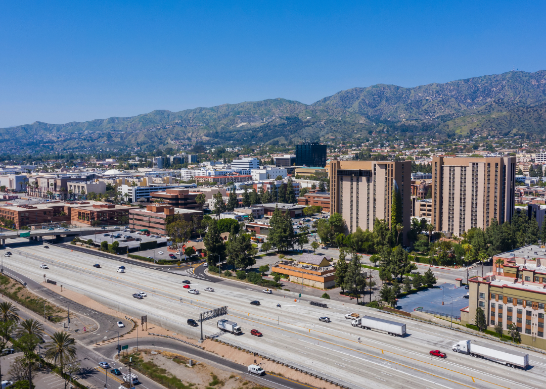 An aerial view of a highway going through Burbank.