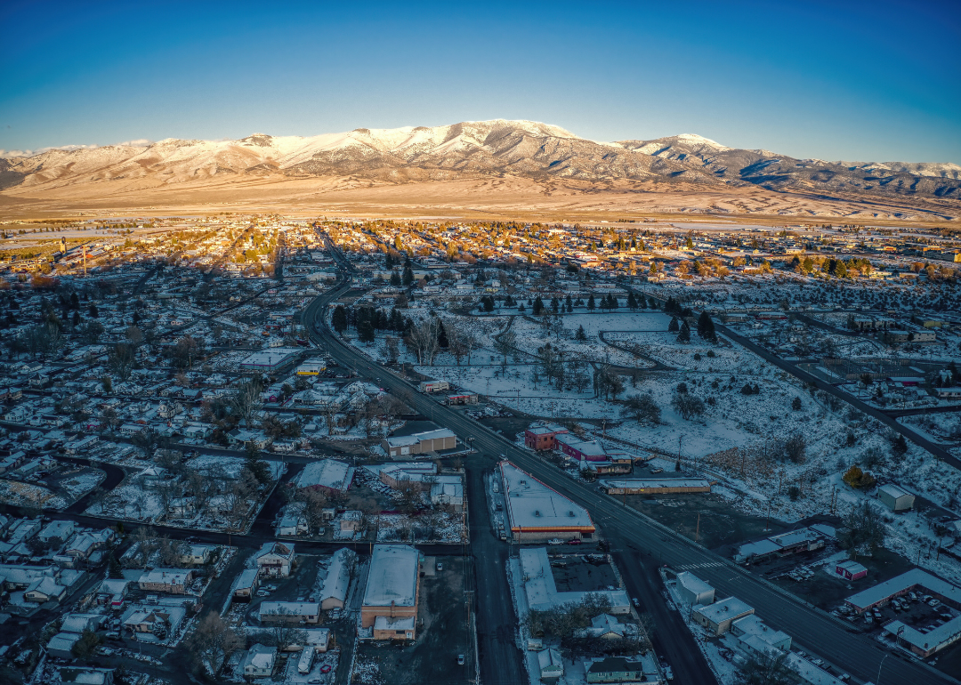 An aerial view of Ely covered in snow.