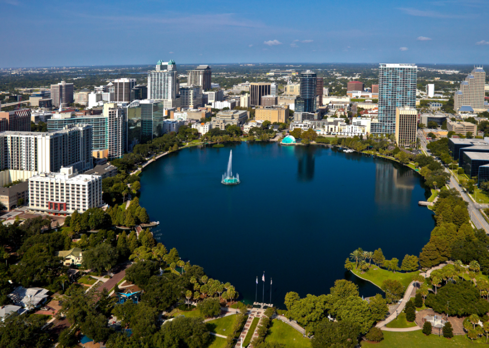 Water in Orlando, surrounded by buildings.