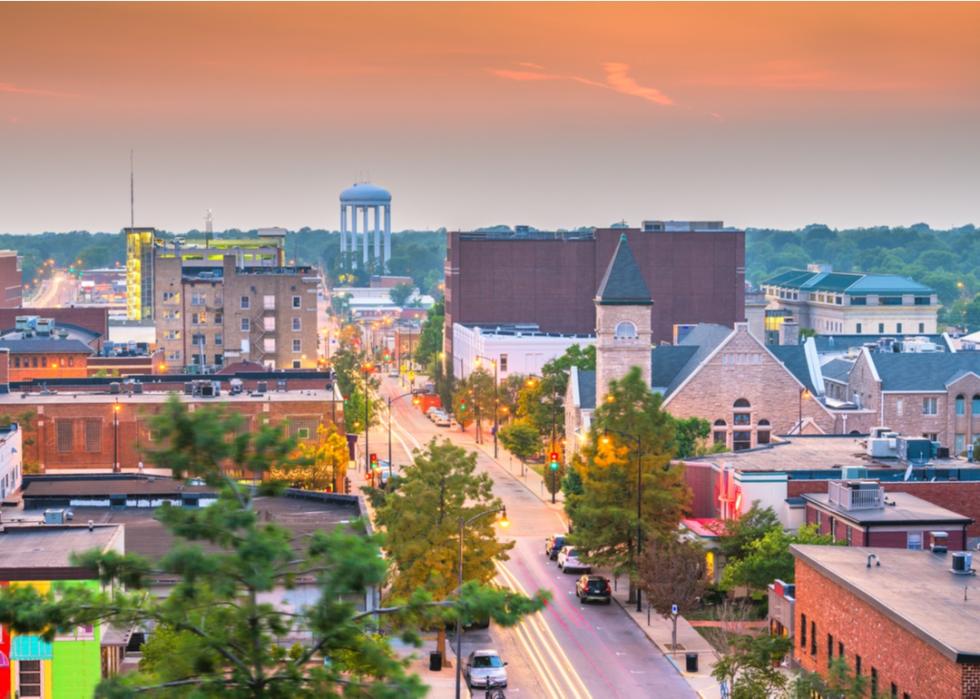 Downtown Columbia, Missouri skyline at twilight.