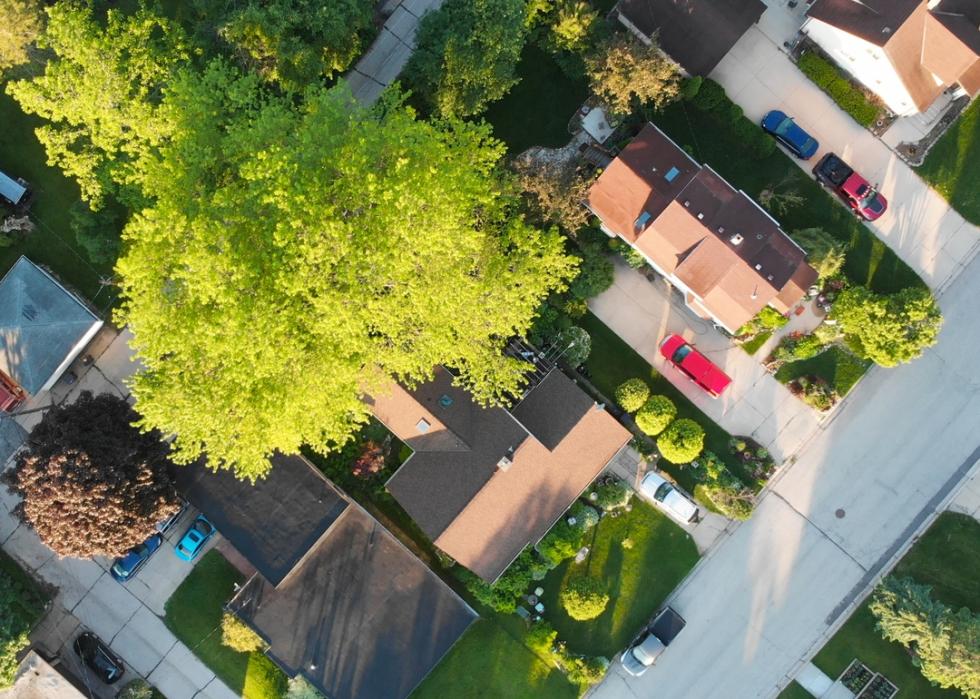 Aerial view of suburban neighborhood.