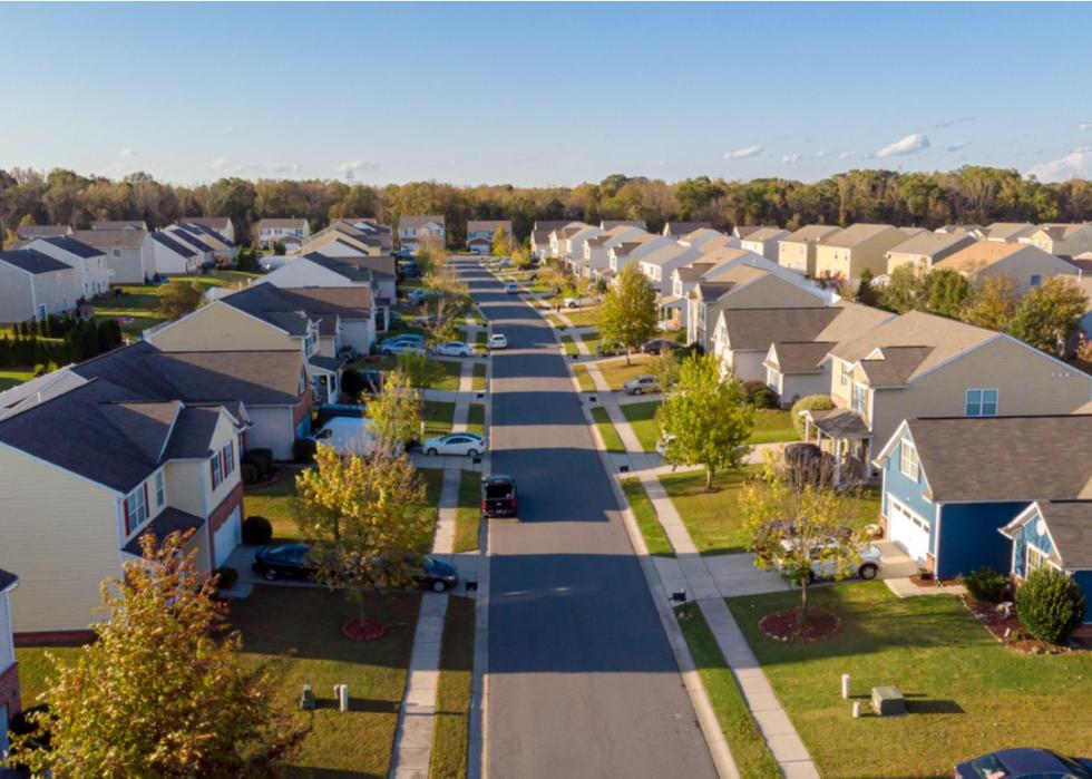 Overhead photo of a suburban neighborhood on a sunny day.