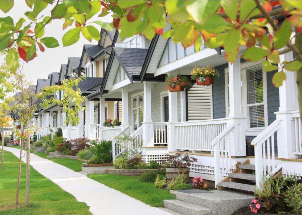 Craftsman homes in a row in a suburban neighborhood.